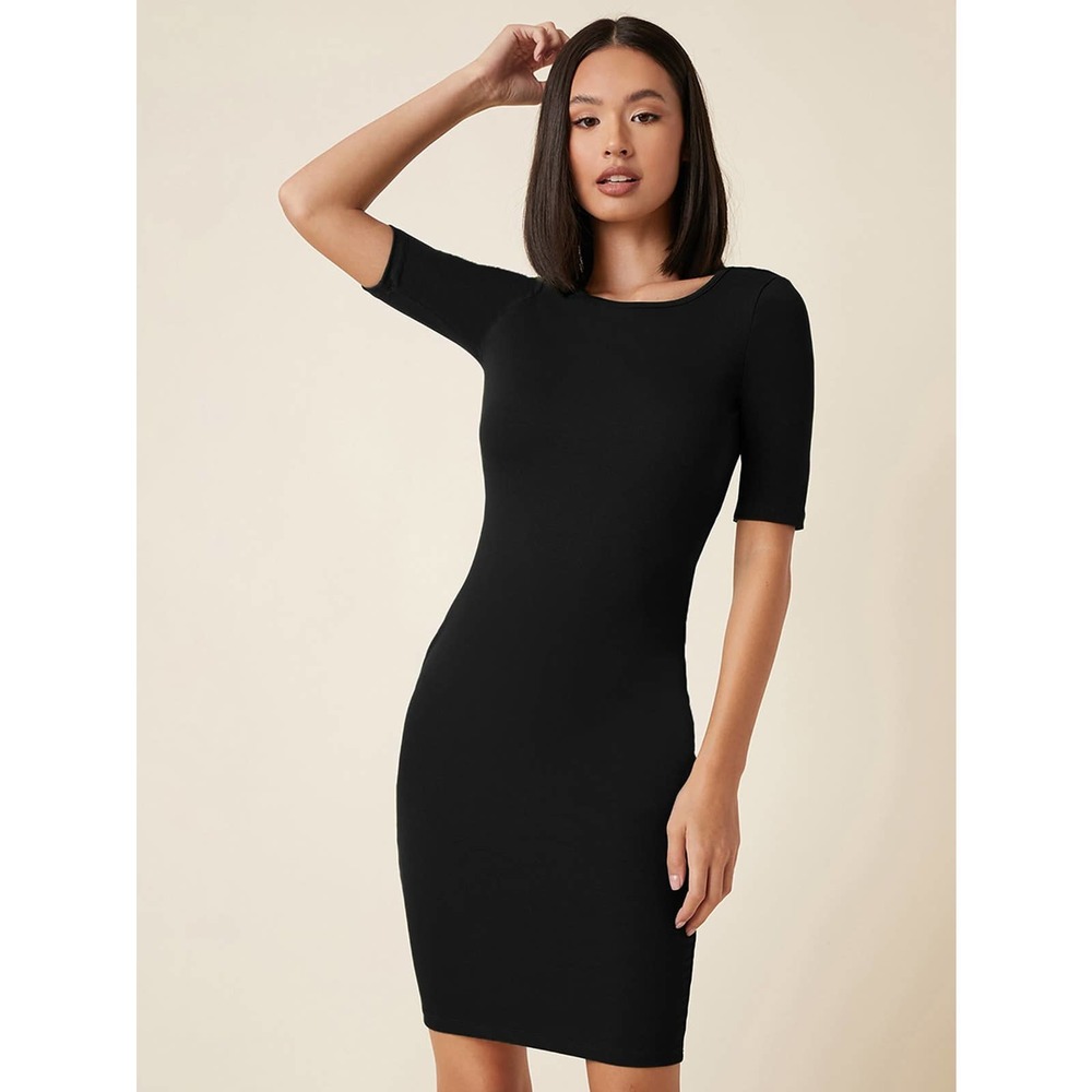 Solid Rib knit Bodycon short sleeve mini Dress black